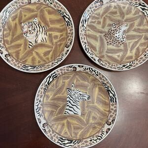 Vintage Ceramic Decorative Plates Africa Jungle Animal Print Accent Set Three 3